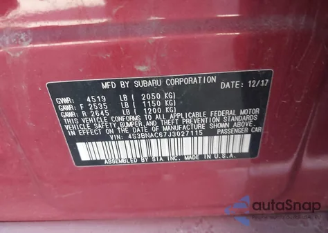 2018 Subaru Legacy 2.5I Premium из США, поврежденный, VIN 4S3BNAC67J3027115